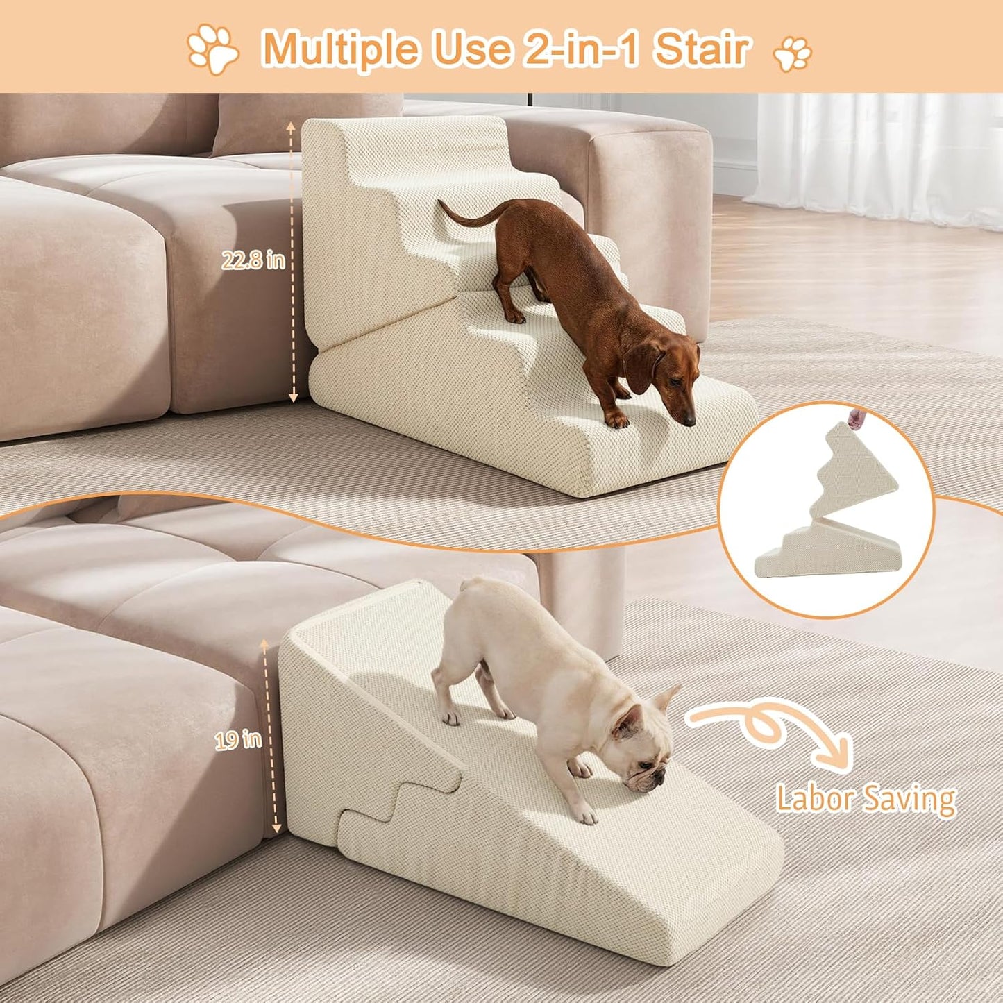 Dog Ramp for Bed, 23" H Dog Stairs for High Bed, 2 in 1 Pet Steps for Small Dogs, 5-Step Foldable Transformable Large Cats Ramp to Get on Couch, Non-Slip Balanced, Grey