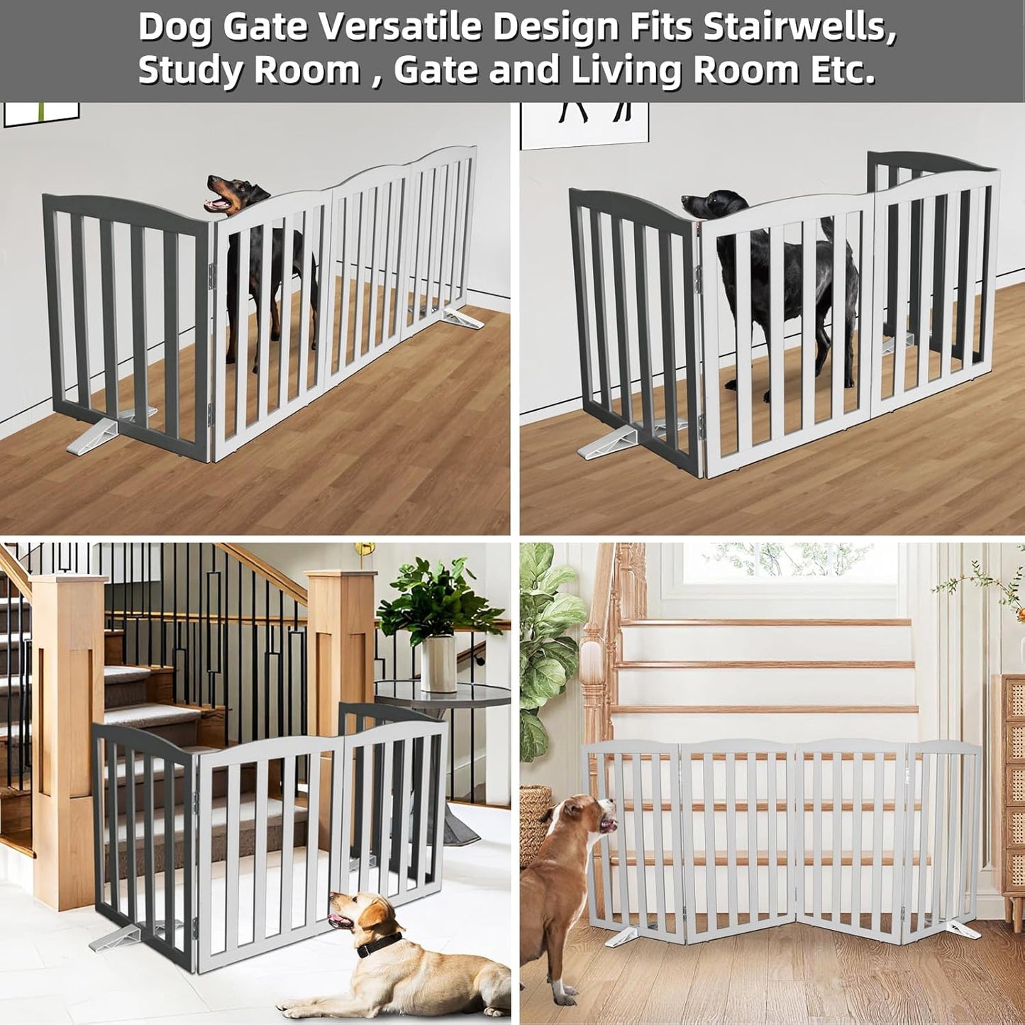 Freestanding Dog Gate Indoor,Doggie Gate Foldable Pet Gates for Doorways,Stairs or Hallways, Wooden Brown Pet Gate for the House, Pet Fence with Support Feet Included,24 "Height-3 Panels