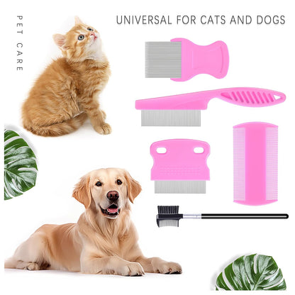 5 Pack Flea Lice Comb,Stainless Steel Dog Cat Grooming Combs With Rounded Teeth,Double-Sided Tear Stain Remover,Dematting Comb For Dogs Cats Ideal For All Types Of Small, Medium, Large Pets