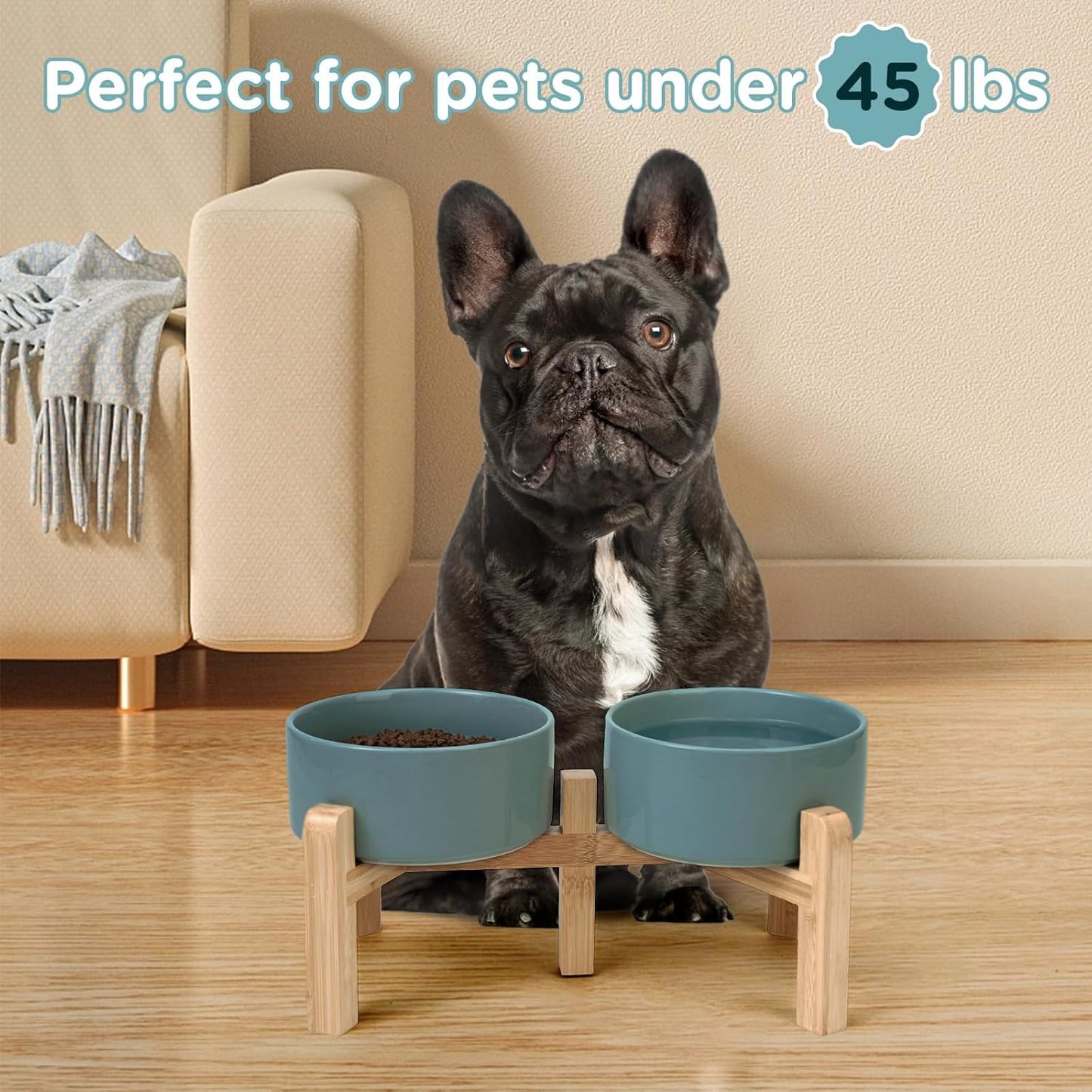 SPUNKYJUNKY Elevated Dog Bowls Ceramic, 6.1'' Dogs and Cat Food Water Bowls Raised with Non-Slip Bamboo Stand for Medium Sized Breed Microwave Dishwasher Safe - 28.7 OZ,Beige