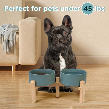 SPUNKYJUNKY Elevated Dog Bowls Ceramic, 6.1'' Dogs and Cat Food Water Bowls Raised with Non-Slip Bamboo Stand for Medium Sized Breed Microwave Dishwasher Safe - 28.7 OZ,Beige