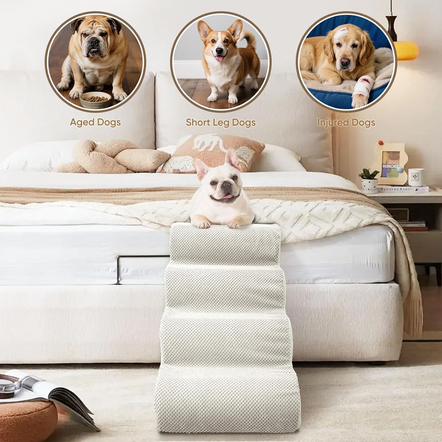 PAWSCRAT Pet Stairs for Dogs 4-Step, 19.6" H Pet Stairs for High Bed, Couch Sofa & Chair, 30D Material Soft Foam Dog Steps with Non-Slip Bottom Surface Removable Washable Cover, Grey