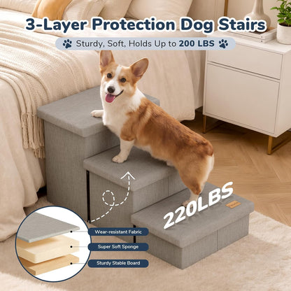 3-Step Wide Dog Stairs with Hidden Storage 18" H, Non-Slip Dog Steps for High Bed Couch Window Car, Jiont-Friendly Pet Stairs Ramp for Small/Medium/Large Old Dogs Cats Up to 200lbs, Grey