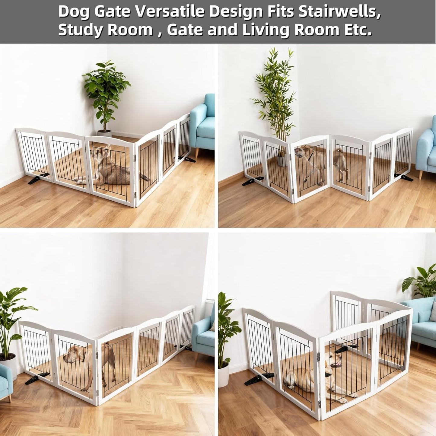 ZJSF Freestanding Dog Fence Indoor, Foldable Dog Gate for Doorways, Stairs or Hallways, Sturdy Wood Extra Wide Pet Gate with Support Feet for The House, White, 24 "Height-3 Panels