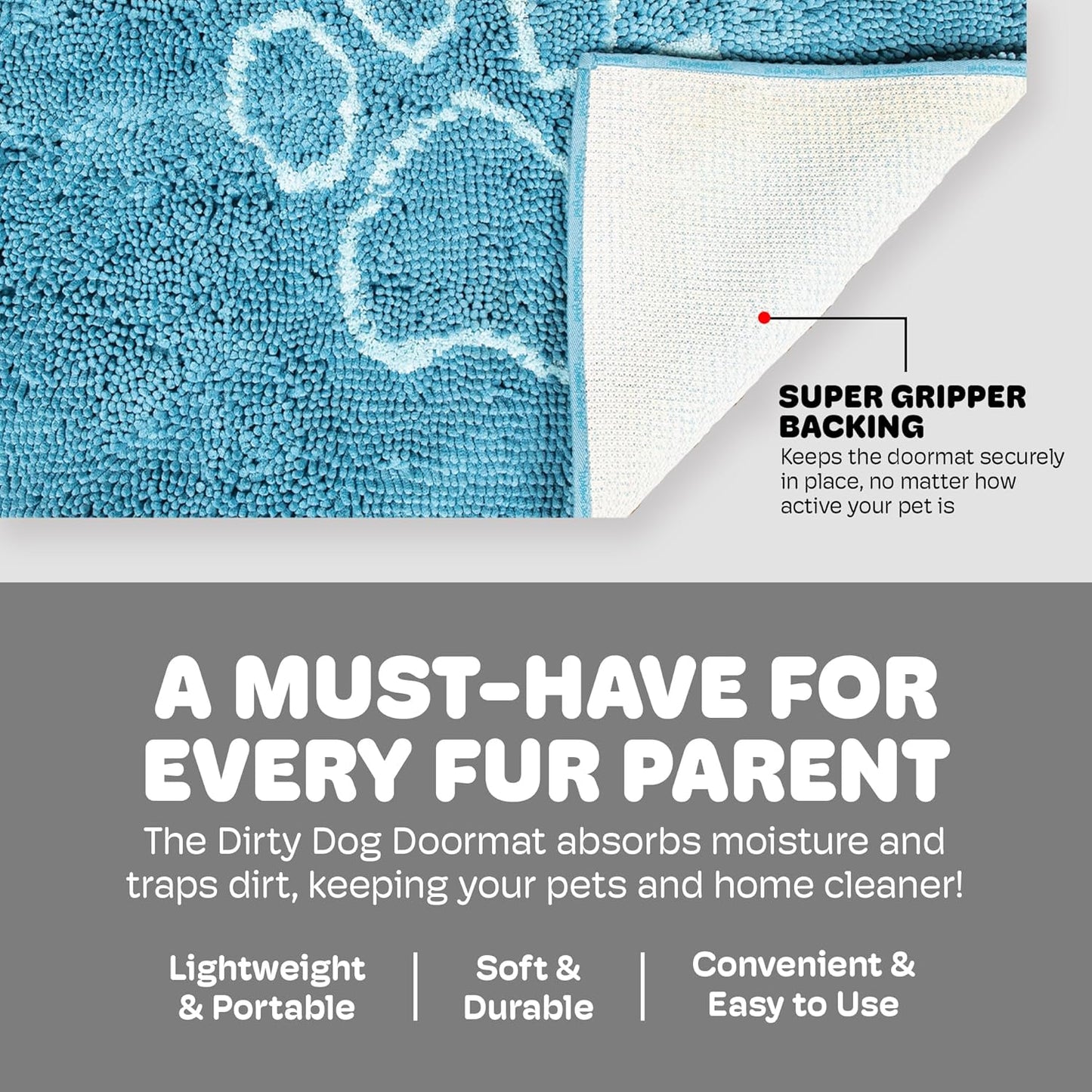 Dog Gone Smart Dirty Dog Doormat - Fast Drying Rug with Super Gripper Backing for Clean Floors - Super Absorbent and Machine Washable Mat for Muddy Paws - Grey