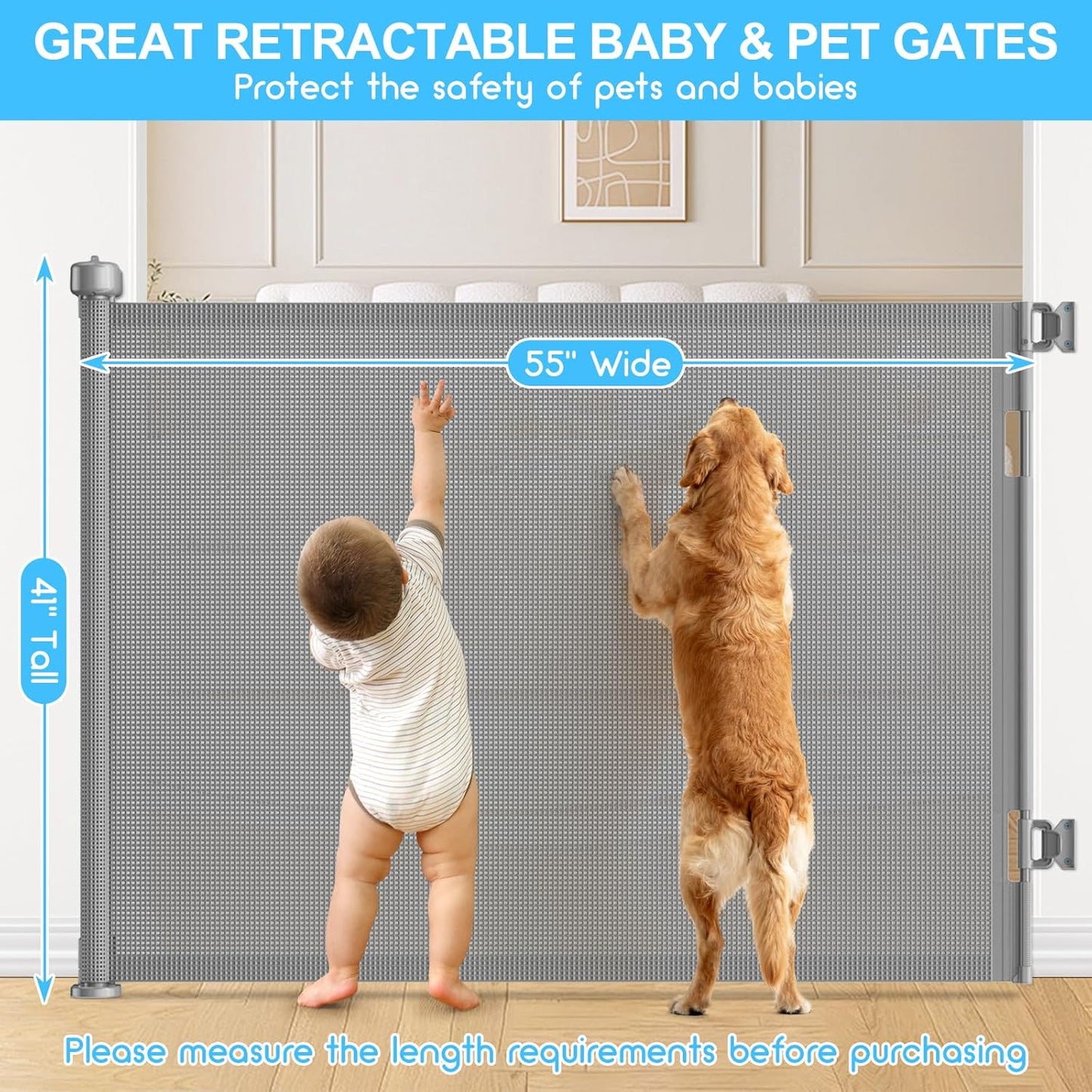 Upgrade 120 inch Retractable Baby Gates, EZIGO Extra Wide Baby Gate for Large Opening Extra Long Mesh Gate for Kids or Pet Dog Gate Child Safety Gate for Stairs Hallways Doorway Indoor Outdoor, Gray