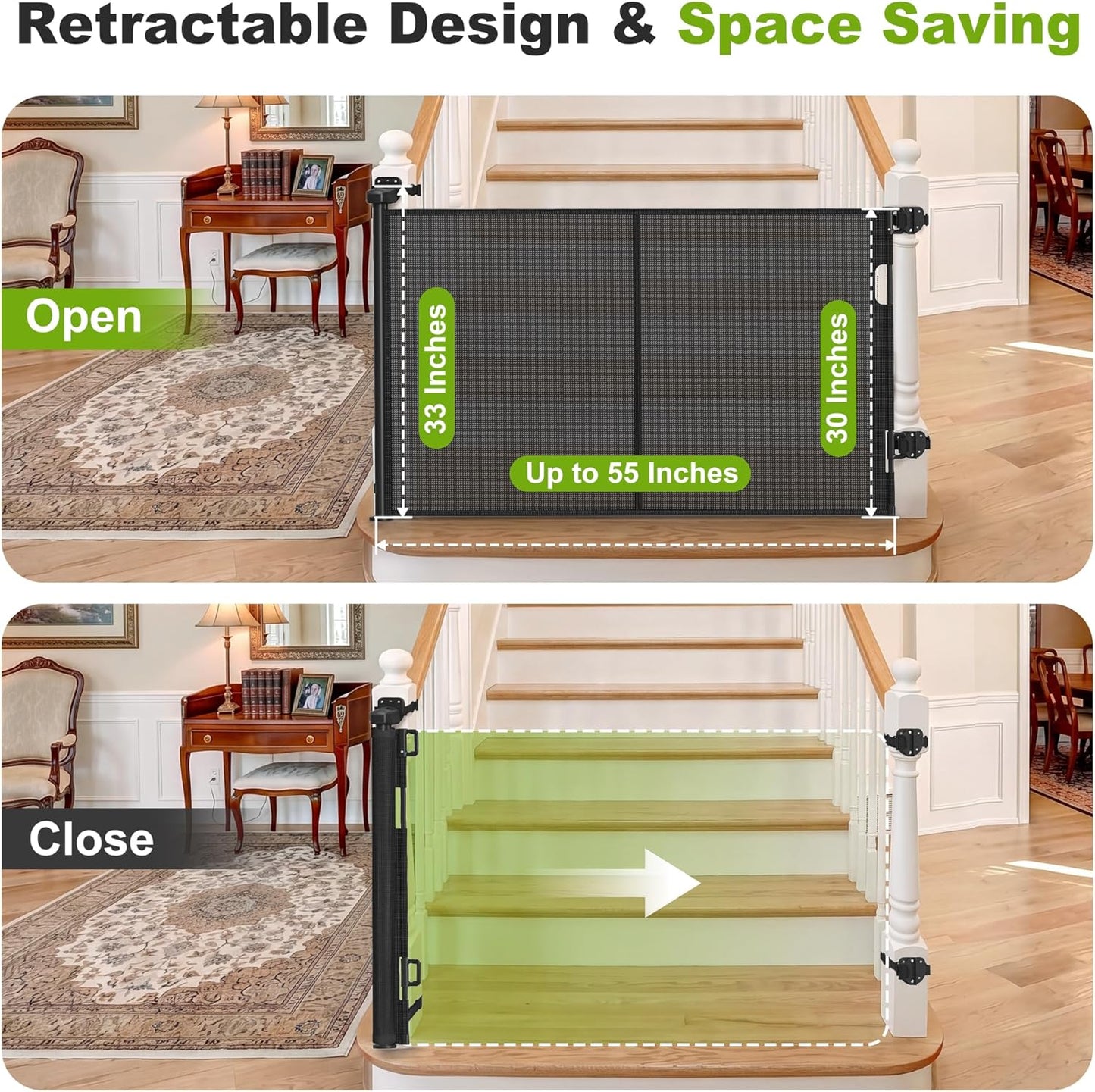 Reinforced Retractable Baby Gate for Stairs & Banister, 55" Wide Mesh Dog Gate, One-Handed Dual Lock Safety Gate for Kids & Pets, Fits Round & Square Posts (Black)