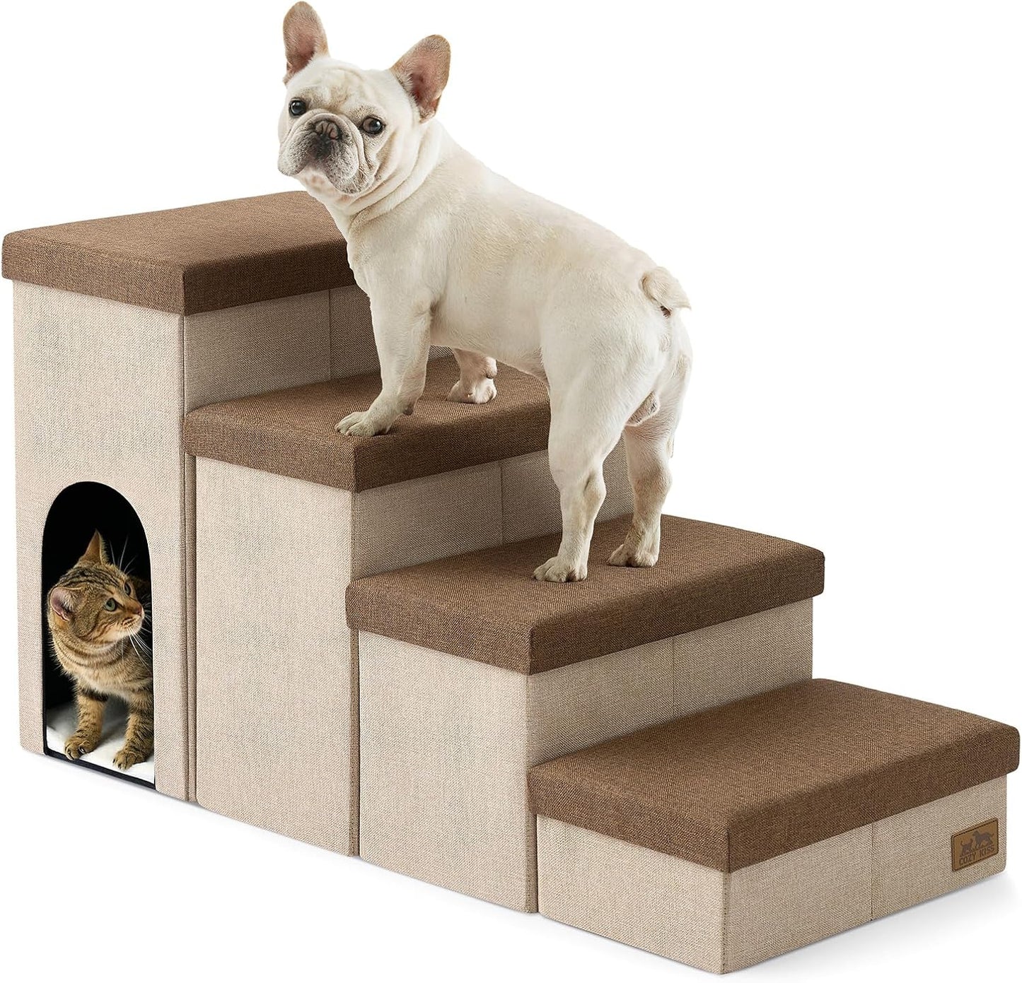 Dog Stairs with Storage, 4-Step Wider Sturdy Dog Steps for Small/Medium/Large Dogs and Older Cats, Folding Doggie Ramp for Bed/Couch/Car Hold Up to 180 lbs (22" H, Brown)