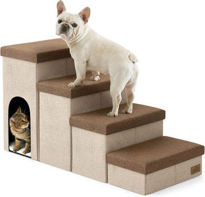 Dog Stairs with Storage, 4-Step Wider Sturdy Dog Steps for Small/Medium/Large Dogs and Older Cats, Folding Doggie Ramp for Bed/Couch/Car Hold Up to 180 lbs (22" H, Brown)