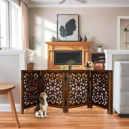 Freestanding Pet Gate for Dogs, Foldable Wooden Dog Gate for House, Indoor Dog Gate for Stair, Doorway, House Design Gates for Dogs Indoor, 72 Inch Wide, (18" x4 Panels 72 inch), Burnt Finish