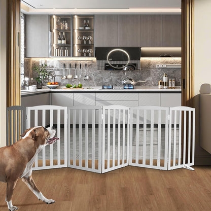 Freestanding Dog Gate Indoor,Doggie Gate Foldable Dog Gates for Doorways,Stairs or Hallways, Wooden White Pet Gate for the House, Pet Fence with Support Feet Included,24 "Height-4 Panels