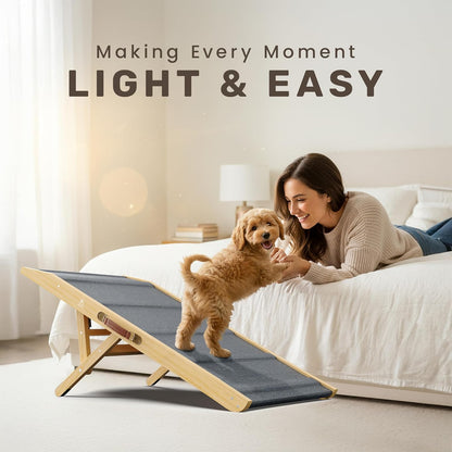 Adjustable Dog Ramp - 50" L x 18.5" W Ramp for Large Dogs to Get on Bed with 6 Incline Levels & Non-Slip Traction Carpet - Also Ideal for Medium & Large Breeds (Natural)