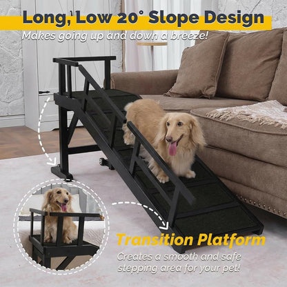 Dog Ramp for Bed or Couch, Wooden Pet Ramp with 20° Gentle Slope, Removable Side Rails, Non-Slip Surface, Top Platform & Wheels, Safe Bed Ramp for Small, Large & Senior Dogs, 60" Long, Mahogany