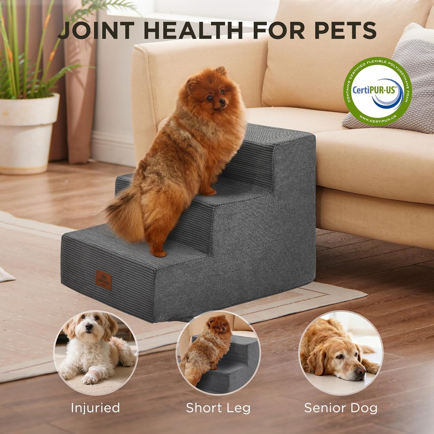 Joydeco Dog Stairs for Bed 15" H, 3-Step Pet Steps for Small Dogs and Cats, Dog Steps for High Bed, Non-Slip Balanced Ramp Indoor Pet Stairs, Beige
