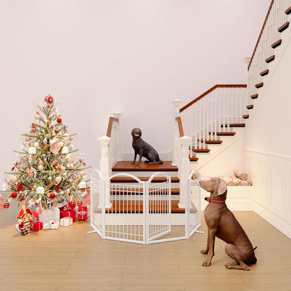 BHG Metal No-Assembly Freestanding Dog Gate with Door Walk Through, Extra Wide 144", Extra Tall 32" Pet Gate, Accordion Puppy Folding Playpen Dog Fence, with 2PCS Support (Black, 6 panesl)