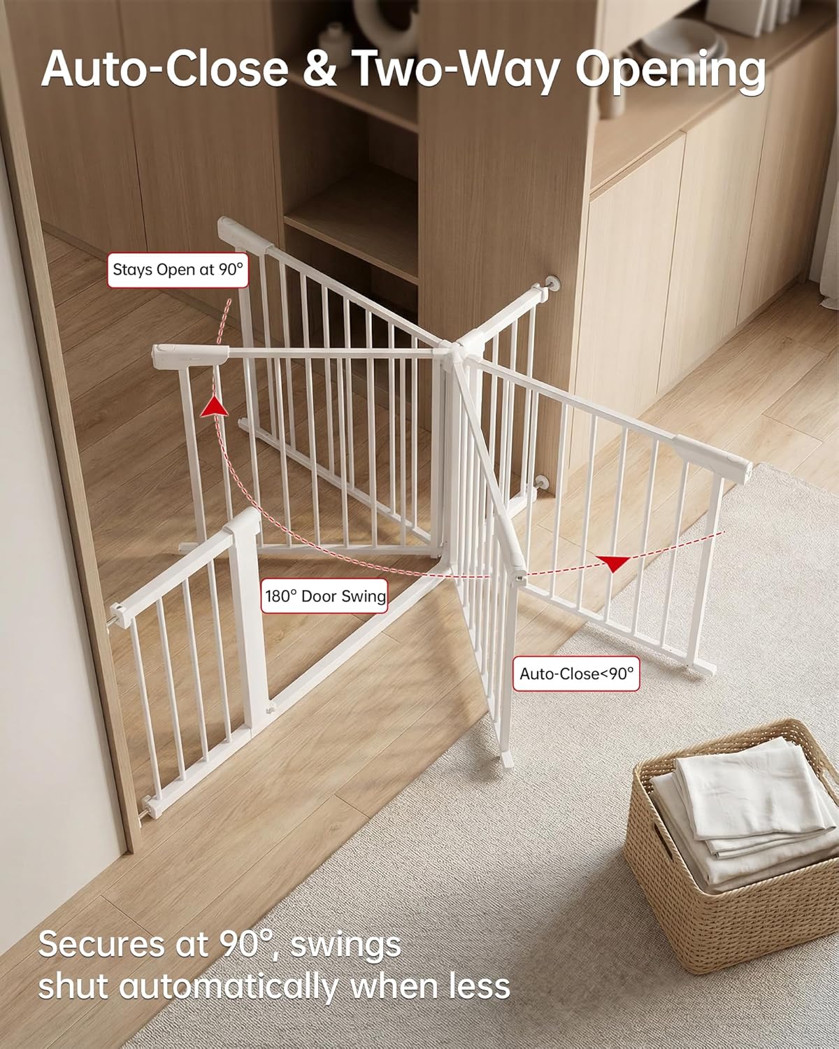 Baby Gate for Stairs, 29.92-48” Wide Pressure Mounted Baby Gate No Drill Needed, Auto Close Dog Gate for Doorways, Easy Walk Through Safety Child Gates for Toddler & Pet/Puppy, Indoor, White