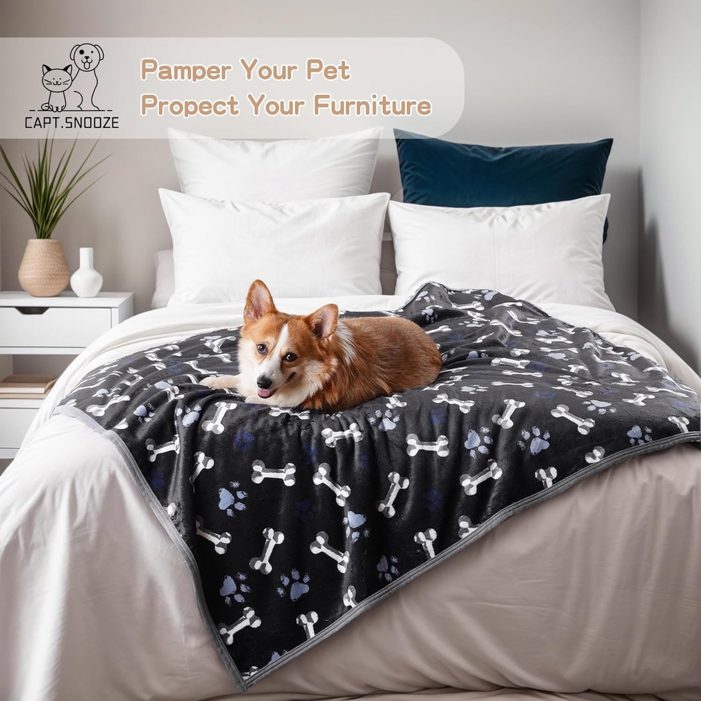 Waterproof Dog Blankets Pet Blanket 50"x60", Soft Fluffy Sofa Car Bed Protector, Reversible Sherpa Fleece Dog Blanket for Large Dogs (Dark Grey-Paws)
