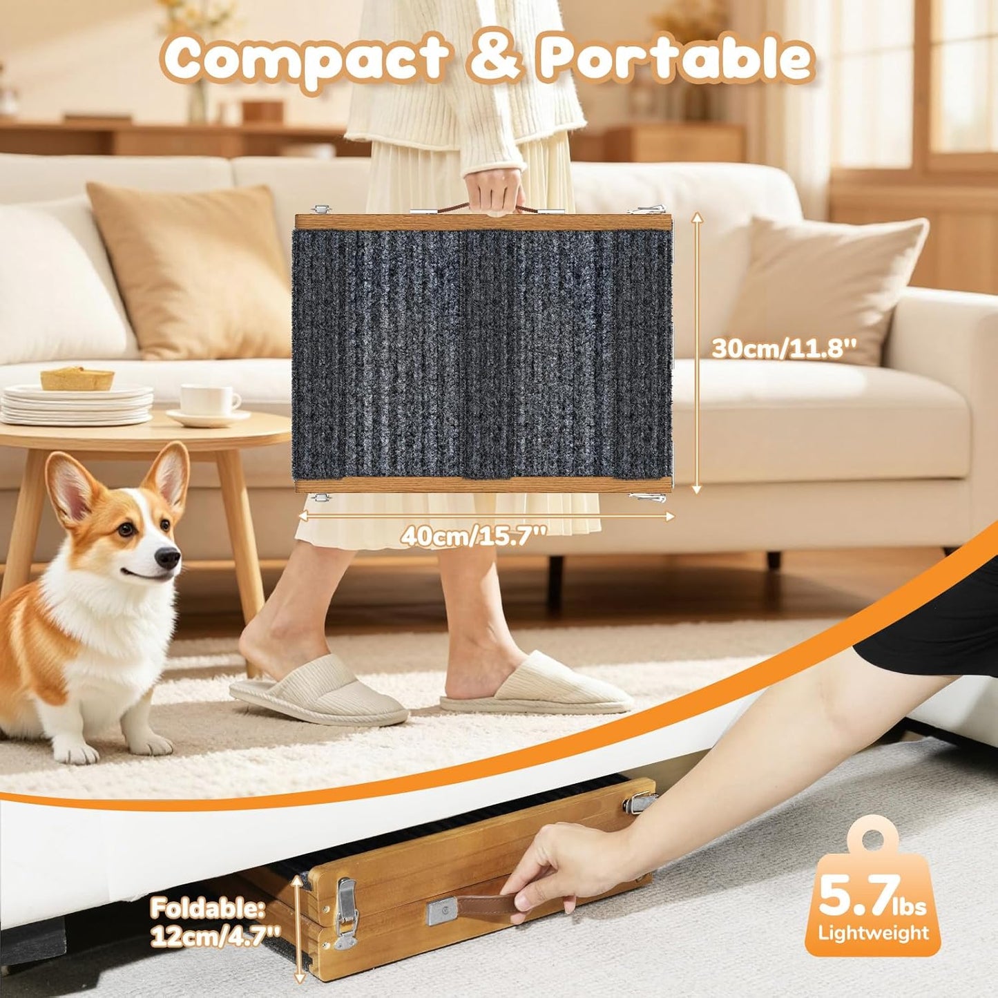Pawaboo Foldable Dog Ramp, Small Dog Ramp for Couch, 4 Adjustable Height from 13'' to 21", Stable Pet Steps with Non-Slip Pad, Portable Pet Ramps Use for Couch Sofa Stairs, Wood