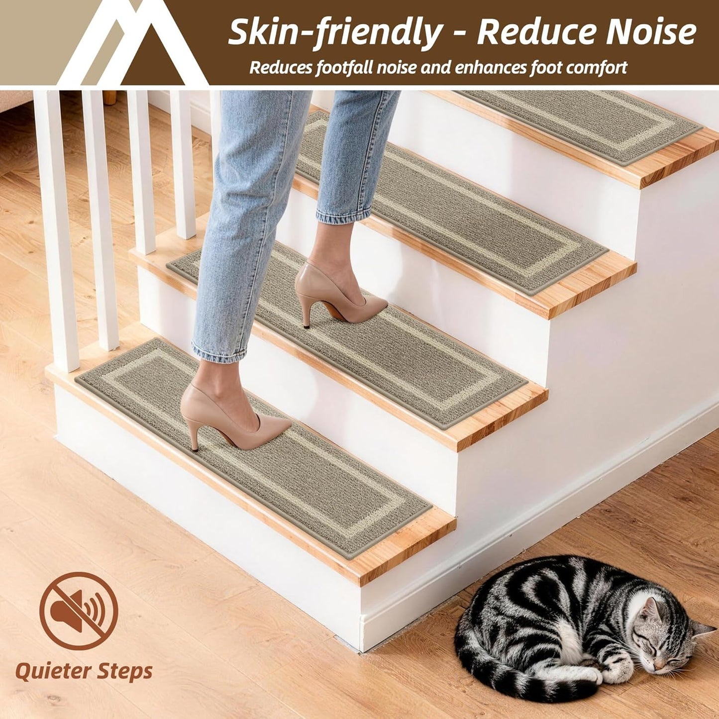 COSY HOMEER Soft Stair Treads Non-Slip Carpet Mat 28inX9in Indoor Stair Runners for Wooden Steps,Stair Rugs for Kids and Dogs, 100% Polyester TPE Backing 4pcs,Beige