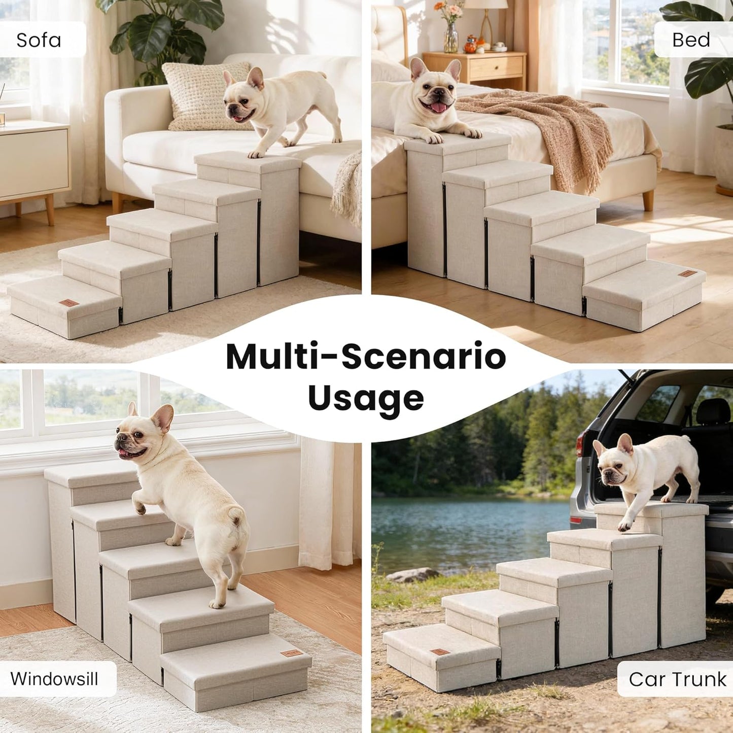Love's cabin Dog Stairs with Storage 13" H, Foldable Pet Stairs for Small Medium or Large Dogs, Cat Puppy Steps Ramp with Zip up to 150 lbs, Solid Grey, 2 Steps