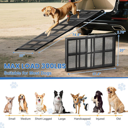 Dog Ramp for Car, 74"x 20" Large Folding Pet Stair Ramp with Non-Slip Mesh, Extra Wide Dog Steps for Medium & Large Dogs Up to 300LBS, Outdoor Portable Dogs Cars Ramp for Car SUV, Truck, RV