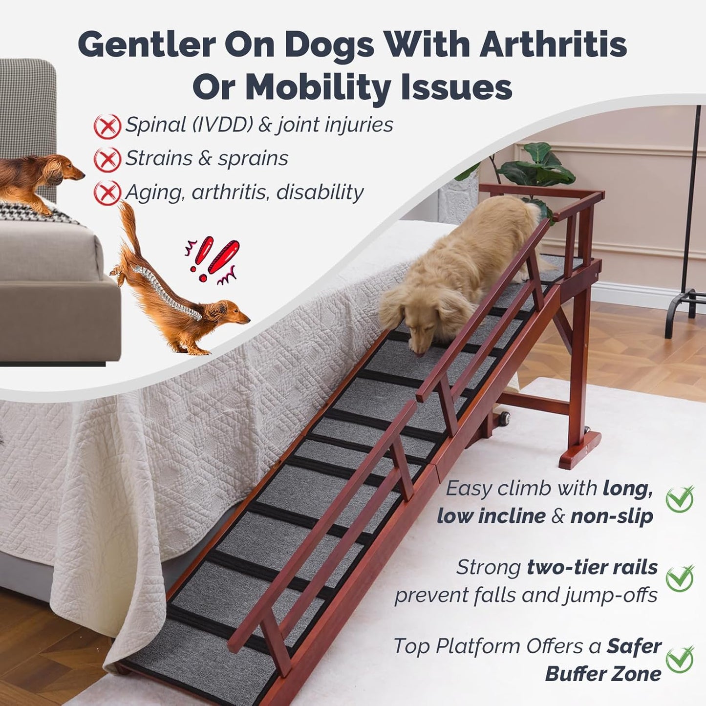 Dog Ramp for Bed or Couch, Wooden Pet Ramp with 20° Gentle Slope, Removable Side Rails, Non-Slip Surface, Top Platform & Wheels, Safe Bed Ramp for Small, Large & Senior Dogs, 60" Long, Mahogany