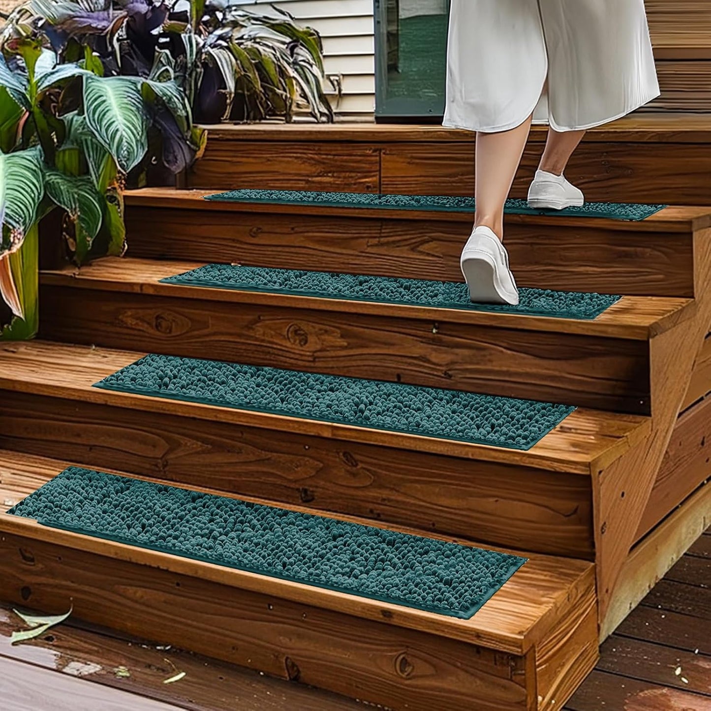 Muddy Mat® Pack of 4 - Soft Chenille Stair Treads Non-Slip Reusable, Super Absorbent Stair Treads for Wooden Steps, Tile & Marble Floor, Easy to Install & Machine Washable - Grey 30'' x 7''