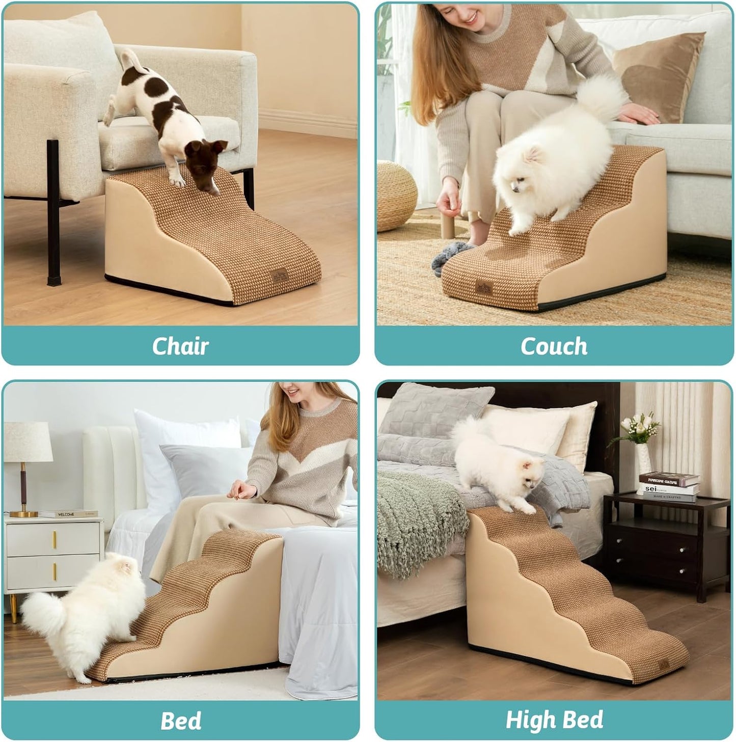 COZY KISS Dog Stairs for Small Dogs 15.7" H, Curved Dog Step for Puppy, Older Cat, Medium Pet Ramp for Sofa, Couch or Chair, Ladder with High Density Foam, 3 Step, 15.7x22.4x15.7 inch, Beige