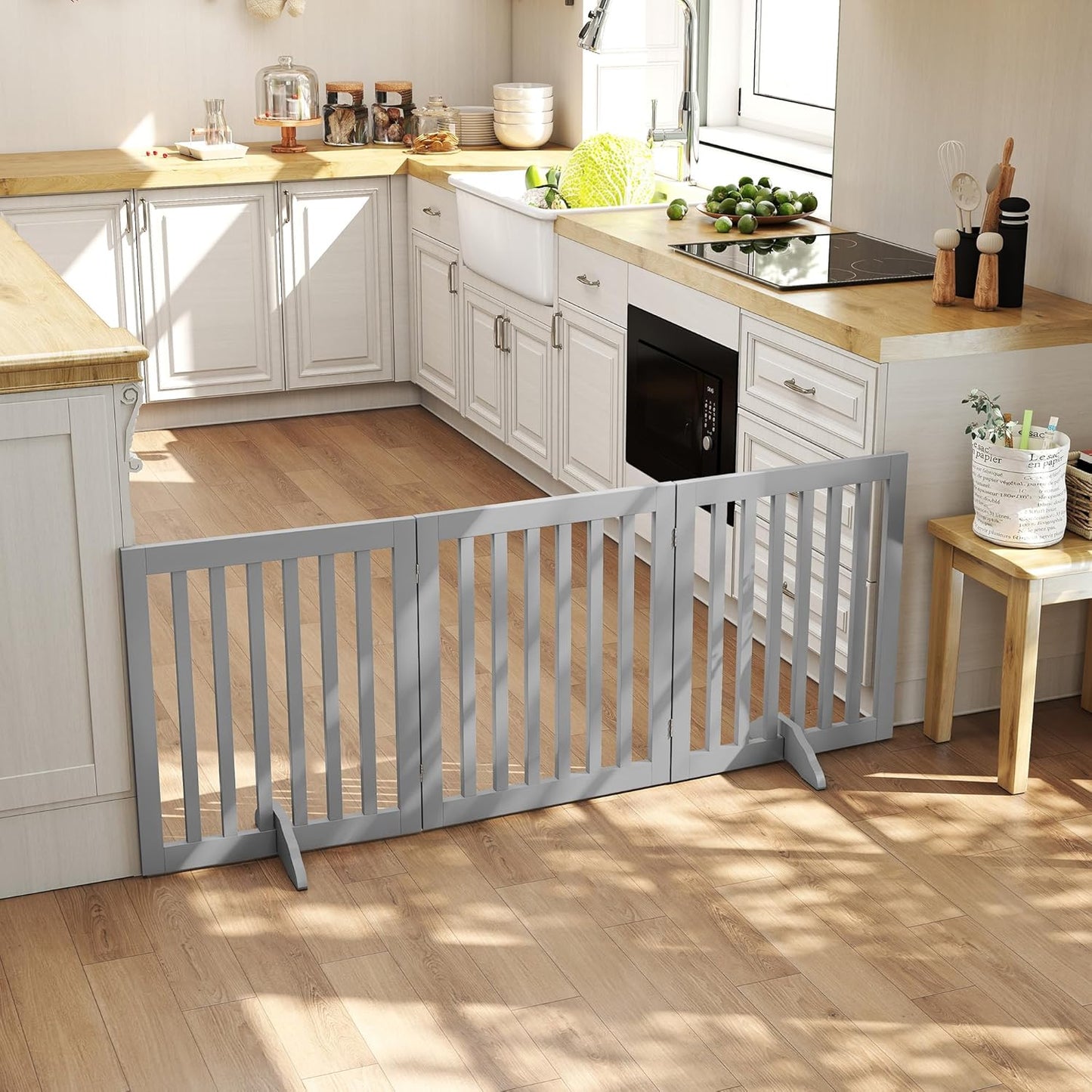 PUPETPO 24”H Freestanding Wooden Pet Gate, Dog Gate for Stairs, Doorways, and Hallways, Step Over Foldable Pet Fence for Indoor Use, Support Feet Included, 60 inch Wide 3 Panels, Grey