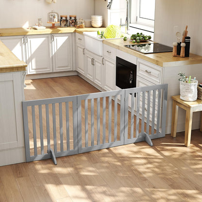 PUPETPO 24”H Freestanding Wooden Pet Gate, Dog Gate for Stairs, Doorways, and Hallways, Step Over Foldable Pet Fence for Indoor Use, Support Feet Included, 60 inch Wide 3 Panels, Grey