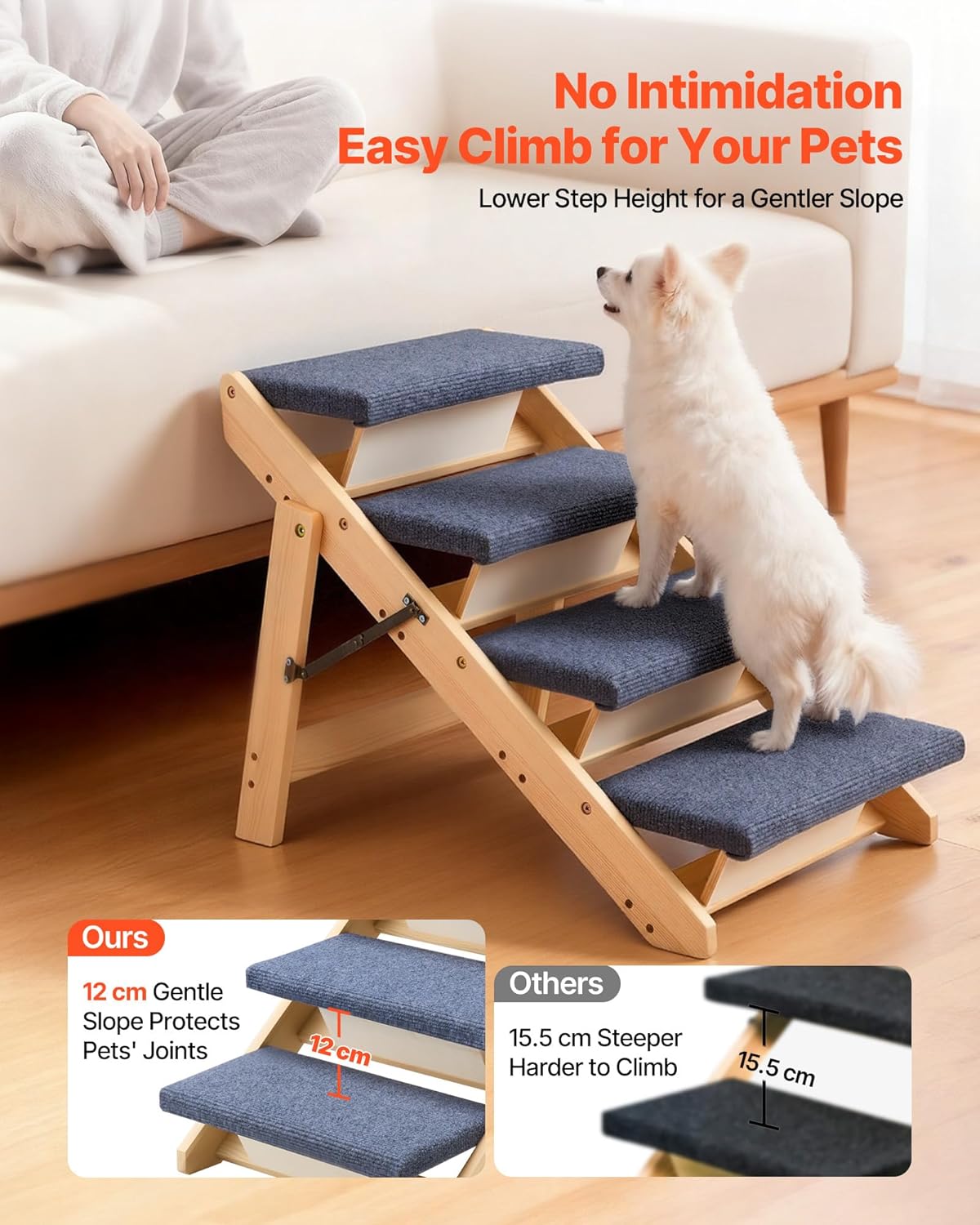 VEVOR Wood Pet Stairs, 2-Step Dog Stairs for Beds, Sofa & Cars, 110lbs Load Capacity, Floded Flat Design, Stable & Sturdy Cat & Dog Step Ladder for Small Medium Large Older Pet Puppy Essentials