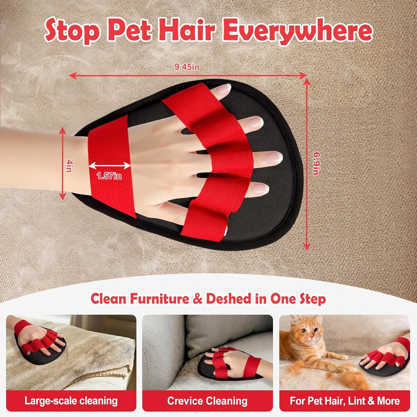 Pet Hair Removal Glove for Dogs & Cats-The Ultimate Pet Hair Remover Tool with 5-Finger Design Electrostatic Magic Brush, Reusable for Pet Hair on Couch, Carpet, Car Trunk, Furniture & Laundry