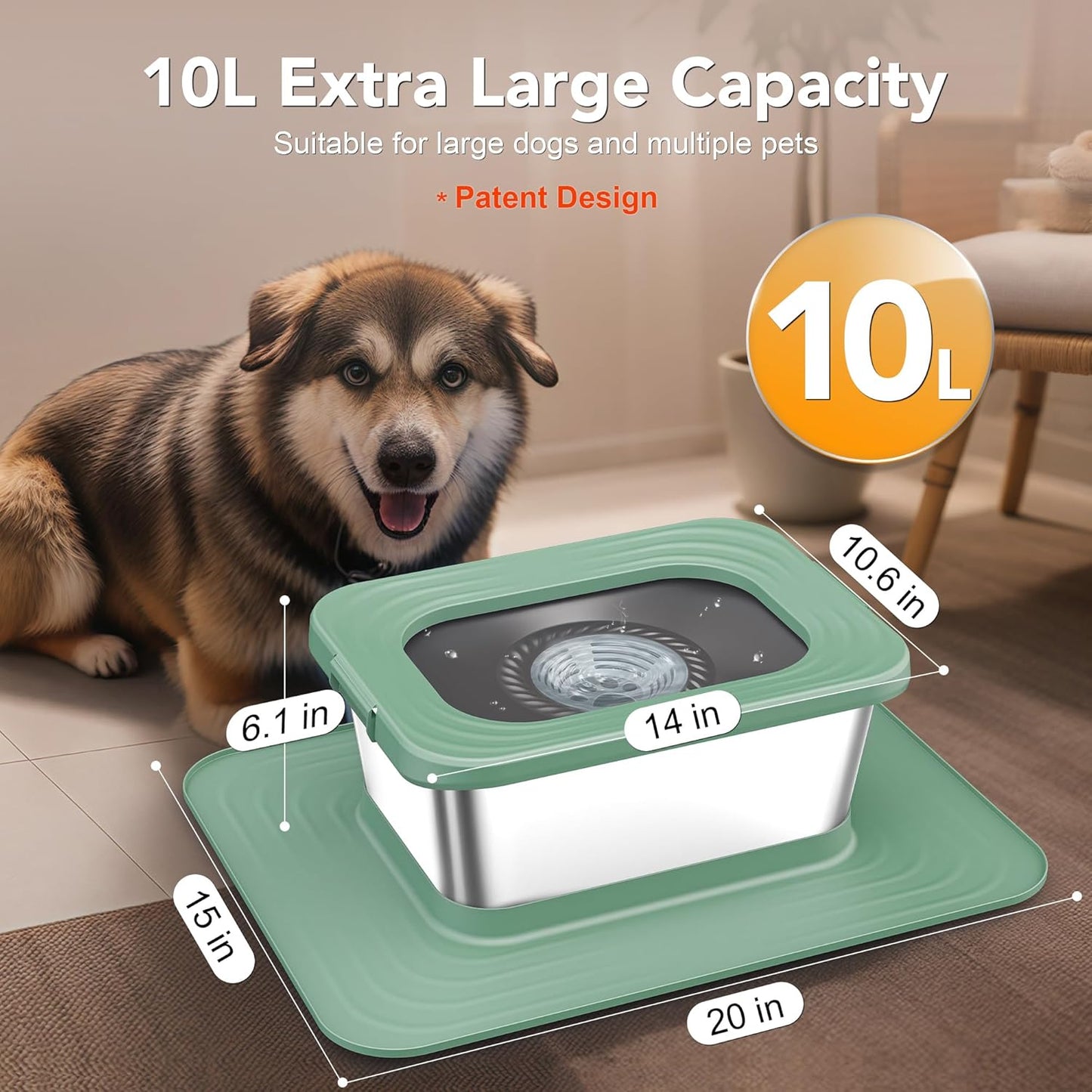 Decflow 10L Stainless Steel Dog Water Bowl, No Spill Anti-Splash Dog Bowls with XXL Silicone Mat, Spill-Proof Slow Feeder for Messy Drinkers, Heavy Duty Pet Bowls for Indoor/Outdoor Use Grey