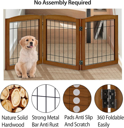 LZRS 2-Panel Freestanding Foldable Wood Dog Gate – Solid Wood & Steel Wire, Chew-Resistant Pet Barrier for Indoor Use, Ideal for Small to Medium Dogs, White