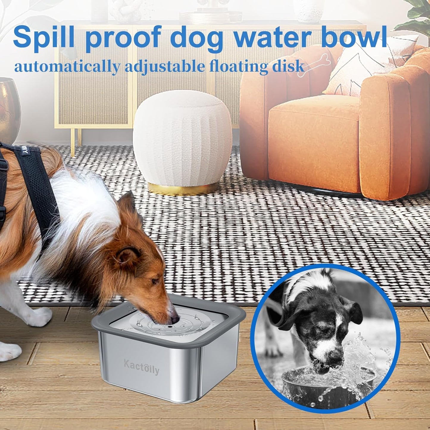 Kactoily 3L/101oz Large Capacity Dog Water Bowl Stainless Steel No Spill Dog Bowls Slow Drinking Dog Water Feeder Dispenser