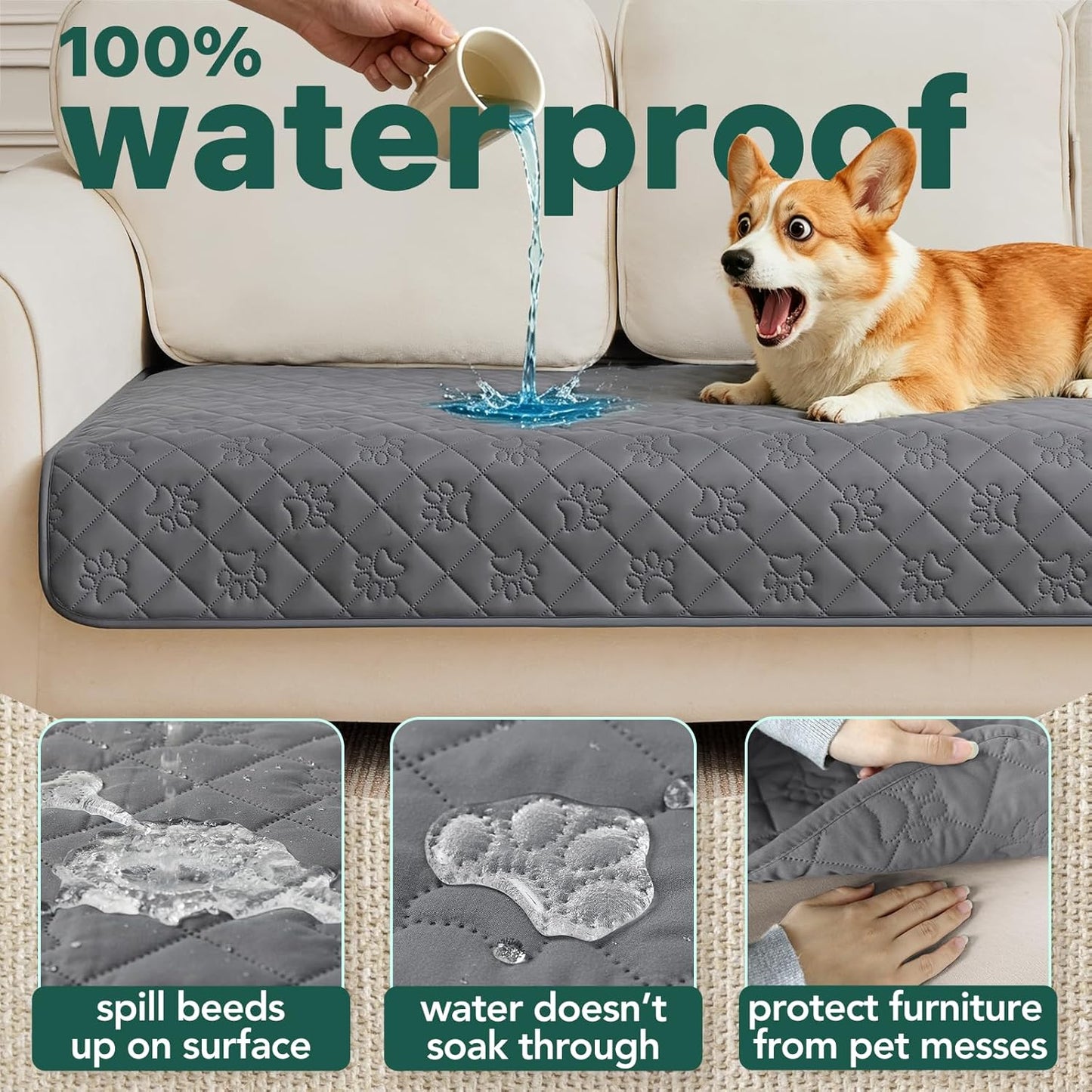 PAWFINITY Waterproof Couch Cover for Dogs, Pee Proof Pet Blanket, Paw Print Quilted, Pet Hair Resistant, Scratch-Resistant, Washable Furniture Protector for 2-3 Seat Sofa and Bed, 30x70 Inch, Grey
