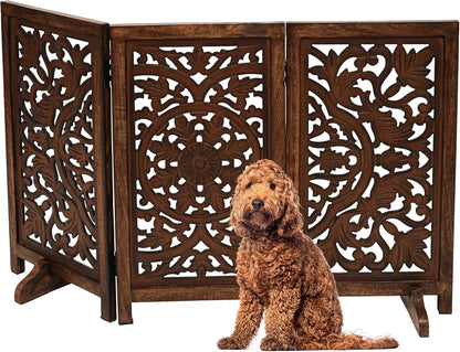 Freestanding Pet Gate for Dogs, Foldable Wooden Dog Gate for House, Indoor Dog Gate for Stair, Doorway, House Design Gates for Dogs Indoor, 72 Inch Wide, (18" x4 Panels 72 inch), Burnt Finish