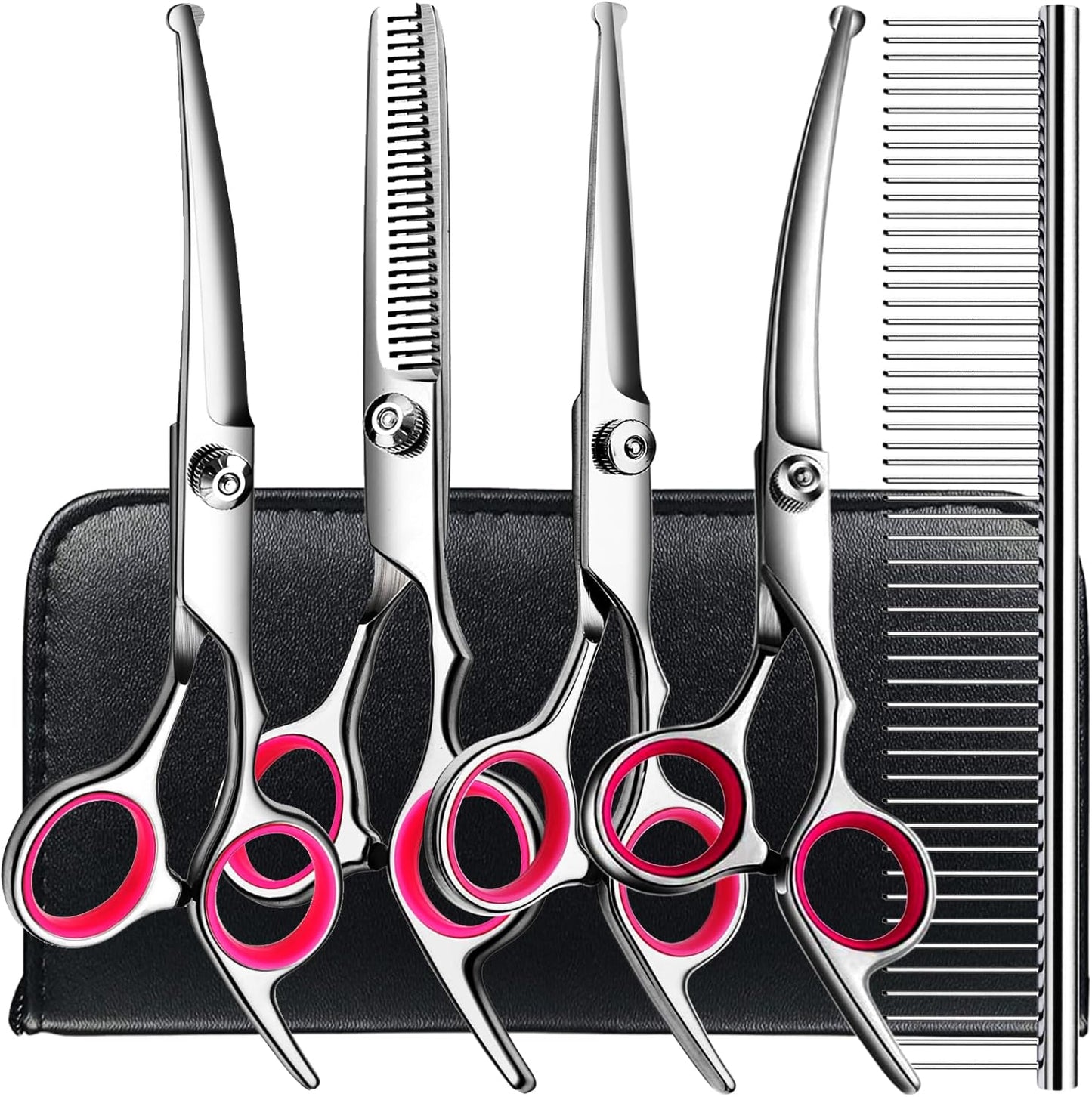 TINMARDA Dog Grooming Kit, Professional Stainless Steel Dog Grooming Scissors with Curved Shears, Pink Finger Rings - 4 Piece Sharp Durable Pet Shears for Dogs Cats At Home Salon-Quality Grooming