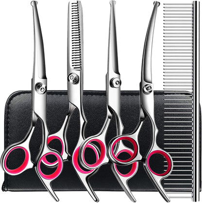 TINMARDA Dog Grooming Kit, Professional Stainless Steel Dog Grooming Scissors with Curved Shears, Pink Finger Rings - 4 Piece Sharp Durable Pet Shears for Dogs Cats At Home Salon-Quality Grooming