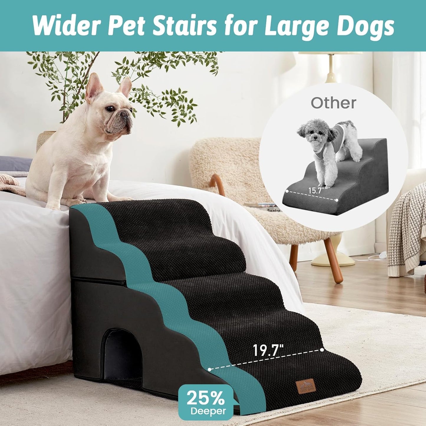 COZY KISS Extra Wide Dog Stairs with Tunnel, Foam Detachable Large Dog Step for Small Pet, Puppy or Cats, Medium Pet Ramp for High Bed, Couch, Sofa or Car, 19.7x33x22.4 inch, 5 Step, Beige