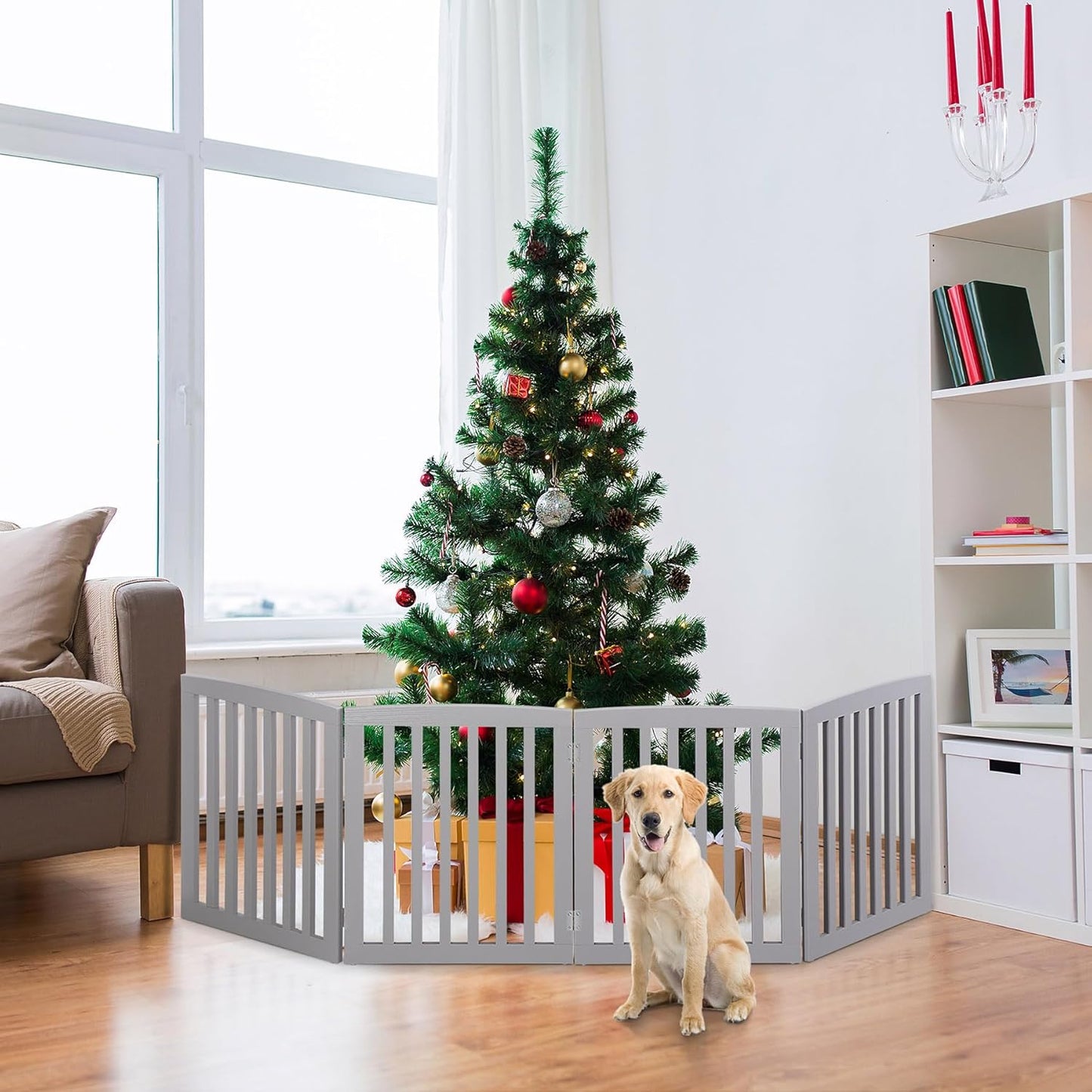 24 Inch Freestanding Indoor Retractable Dog Gate Pet Gate for Stairs, Hallways or Doorways 3 Panels Indoor Foldable Puppy Dog Fence Wooden Safety Fence, White
