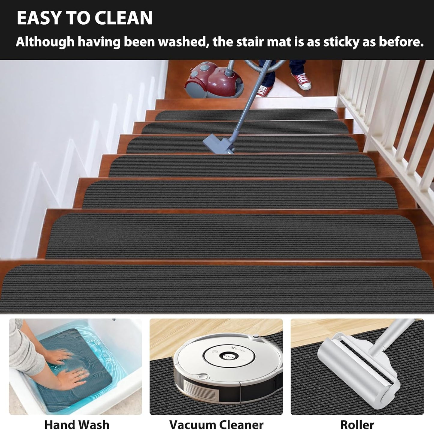 Fixmend Stair Treads Non Slip for Wooden Steps, 8" X 30" (15-Pack) Stair Runner Carpet Treads Indoor with Reusable Adhesive, Stairslide Carpets Rugs Safety Mats for Elders, Kids & Dogs, Dark Grey Leaf