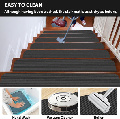 Fixmend Stair Treads Non Slip for Wooden Steps, 8" X 30" (15-Pack) Stair Runner Carpet Treads Indoor with Reusable Adhesive, Stairslide Carpets Rugs Safety Mats for Elders, Kids & Dogs, Dark Grey Leaf