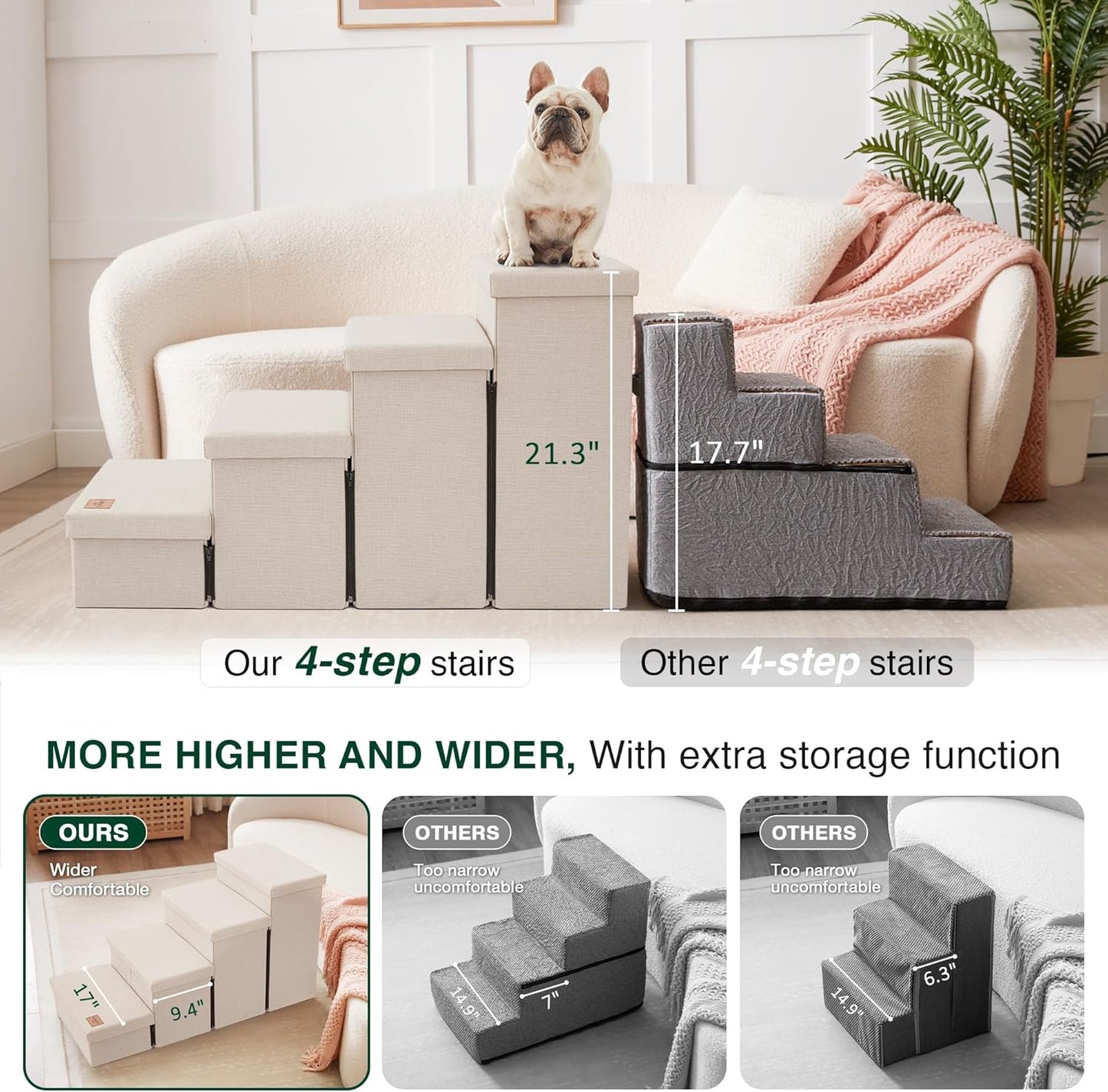 Love's cabin Dog Stairs with Storage 13" H, Foldable Pet Stairs for Small Medium or Large Dogs, Cat Puppy Steps Ramp with Zip up to 150 lbs, Solid Grey, 2 Steps
