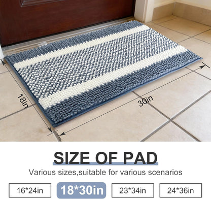 pobopobo Dog Door Mat for Muddy Paws - Absorbent & Washable Chenille Rug, Non-Slip Dirt Trapper for Indoor Outdoor Entryway, Quick Dry Pet Mat for Muddy Dogs (Striped Gray-Blue&White, 24" x 16")