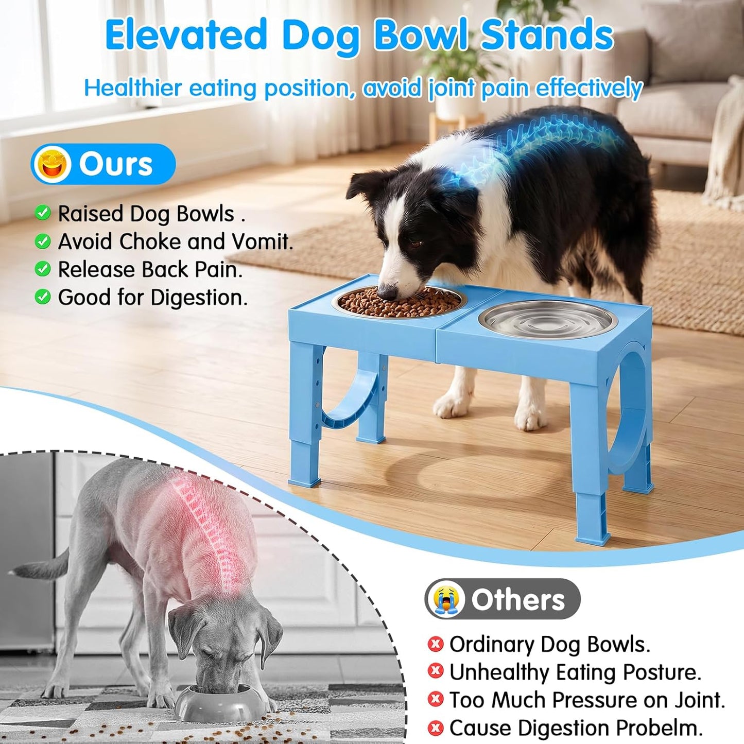 XIAZ Elevated Dog Bowls Large Breed Raised Dogs Bowl Stand Large/Medium Sized Dog Slow Feeder Dogs Bowls Food Water Stands 5 Heights Adjustable 9/11/12/14in Pet Feeder Dish Station