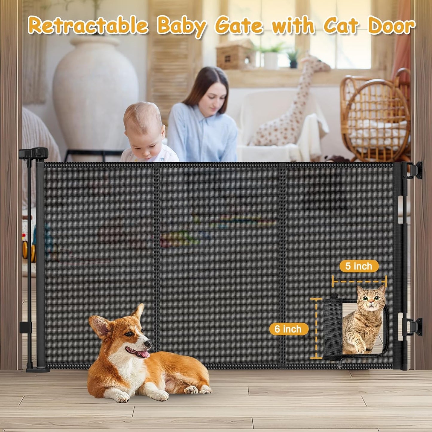 Reinforced 60” Wide Retractable Dog Gate with Cat Door Gates for Pets with Reinforced Strips 33” Tall Mesh Baby Gate Retractable Pet Gates for Dogs Indoor with Door Cats Can in and Out Freely, Gray