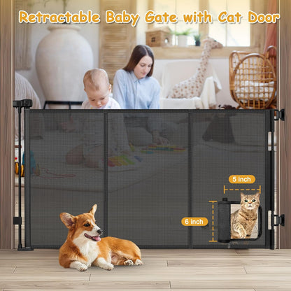 Reinforced 60” Wide Retractable Dog Gate with Cat Door Gates for Pets with Reinforced Strips 33” Tall Mesh Baby Gate Retractable Pet Gates for Dogs Indoor with Door Cats Can in and Out Freely, Gray