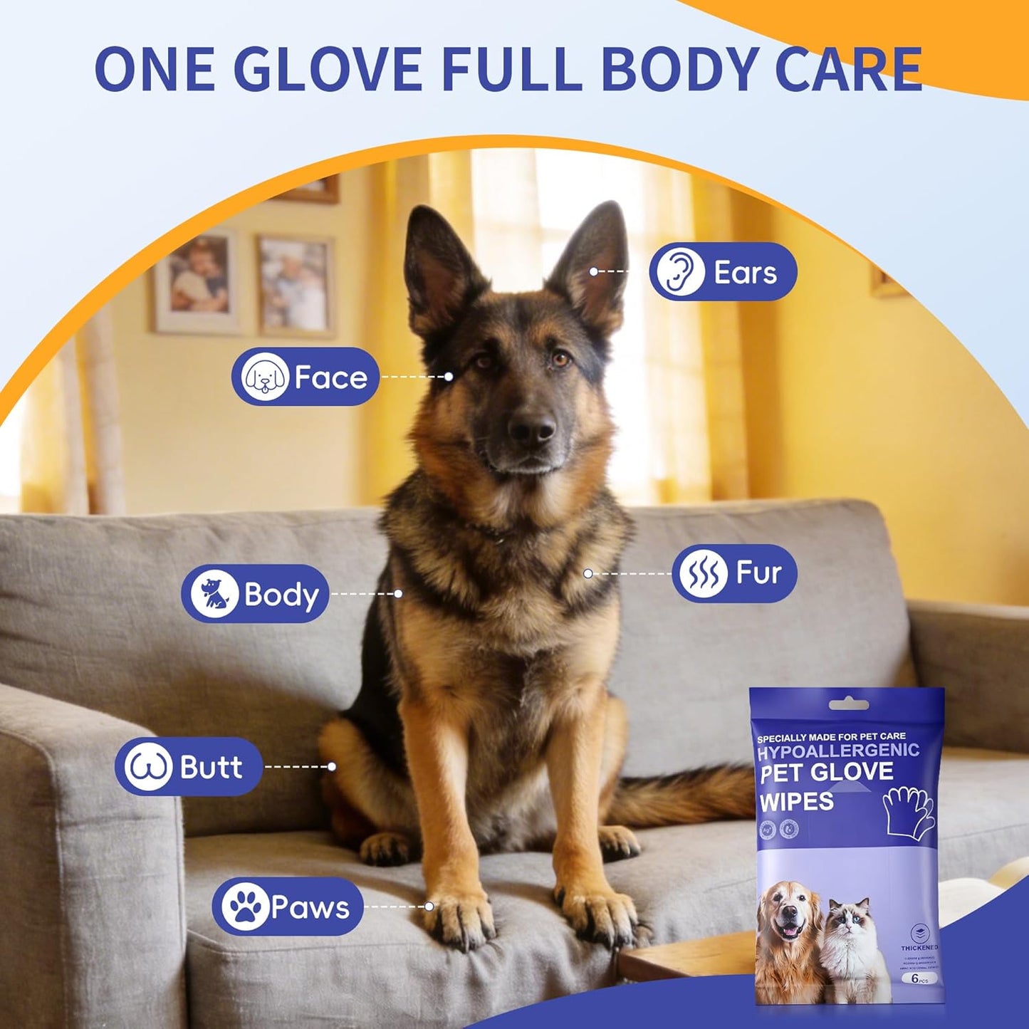 Pet Glove Wipes for Dogs Cats, Grooming Deodorizing Puppy Face Paws Fur and Butt Gloves Wipe, Unscented Extra Thick Travel Cleaning Care Hypoallergenic No Rinse Disposable Bathing Dog Wipes, 24 Pcs