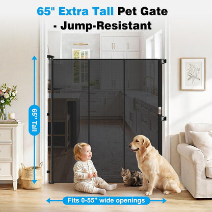 Reinforced 65" Extra Tall Pet Gate for Doorway, Jump-Resistant & Prevent Crawling Underneath Retractable Baby Gates Extra Tall, 0-55" W Retractable Dog Gate for Pet, Dogs, Cats, Puppies, Babies, Black